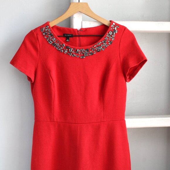 Talbots Red Jewel Embellished Collar Ottoman Ponte Sheath Dress Size 4 / Small - Picture 3 of 7